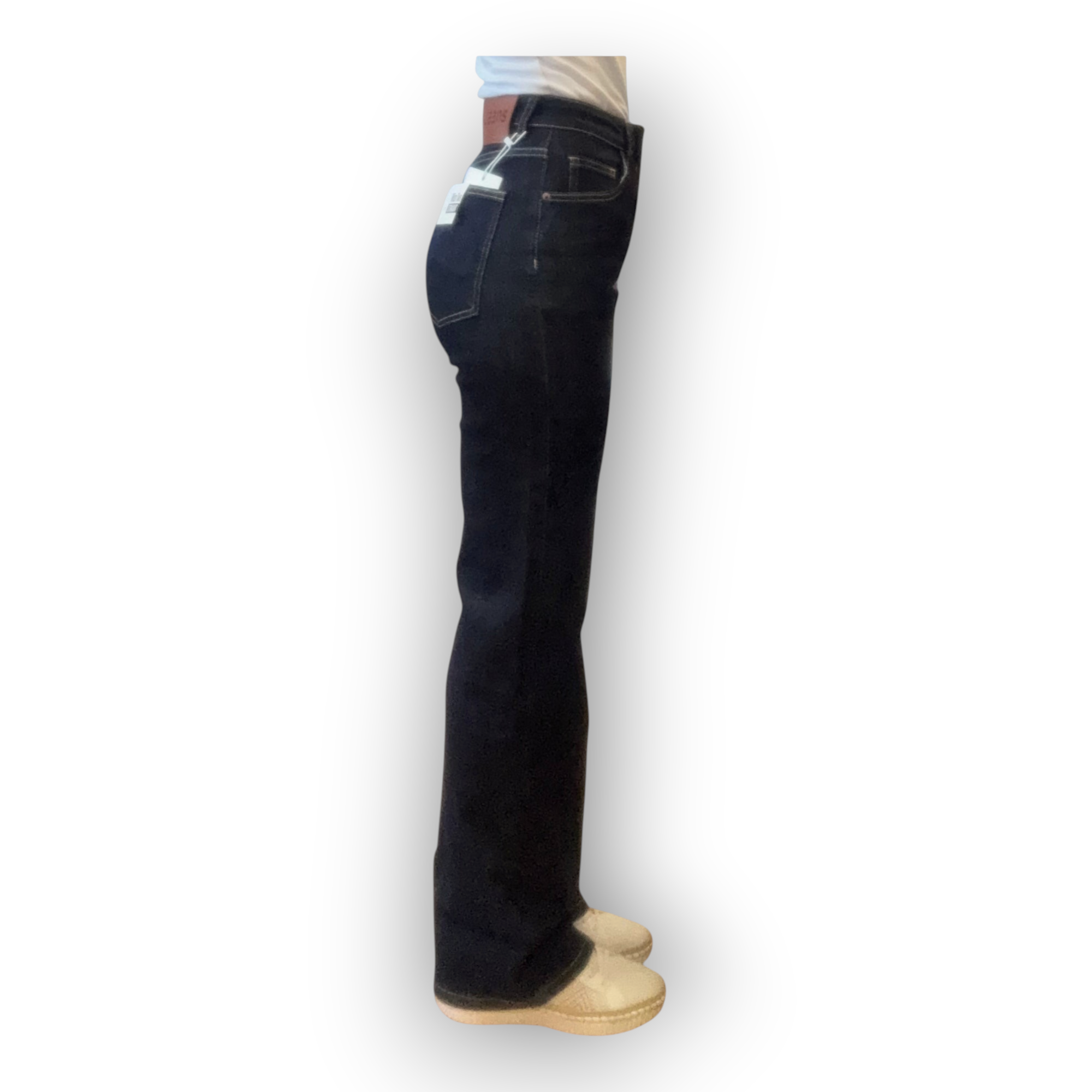 Horszi sötétkék, magas derekú, bő szárú női farmernadrág pamut és spandex anyagból, oldalnézetben.