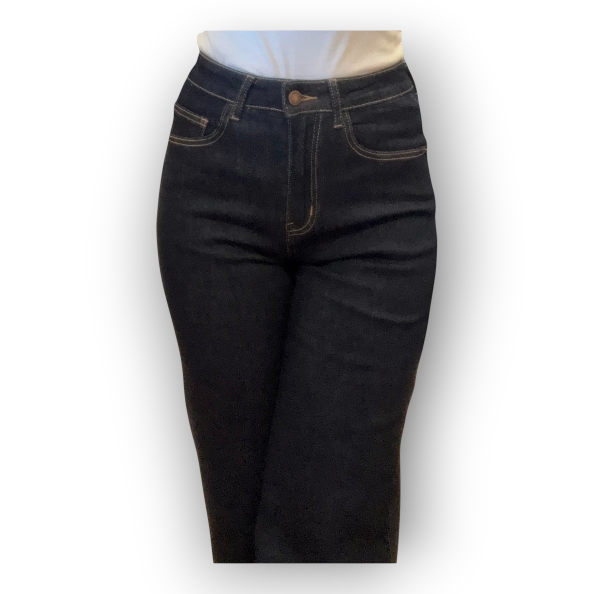 Horszi sötétkék, magas derekú, bő szárú női farmernadrág pamut és spandex anyagból, klasszikus zsebekkel.