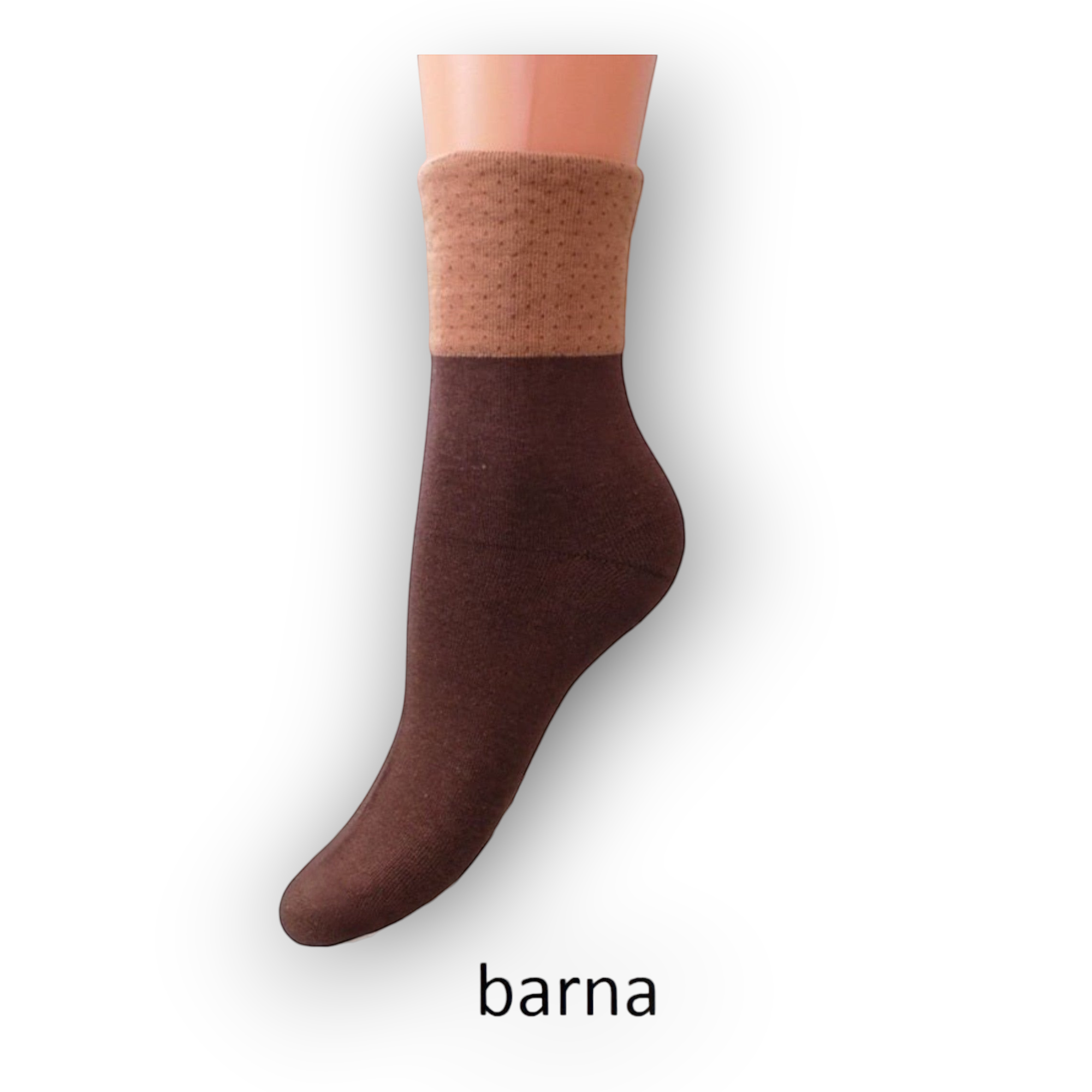 Horszi barna színű, gumi nélküli, puha pamut női zokni, amely nem szorítja el a lábat.