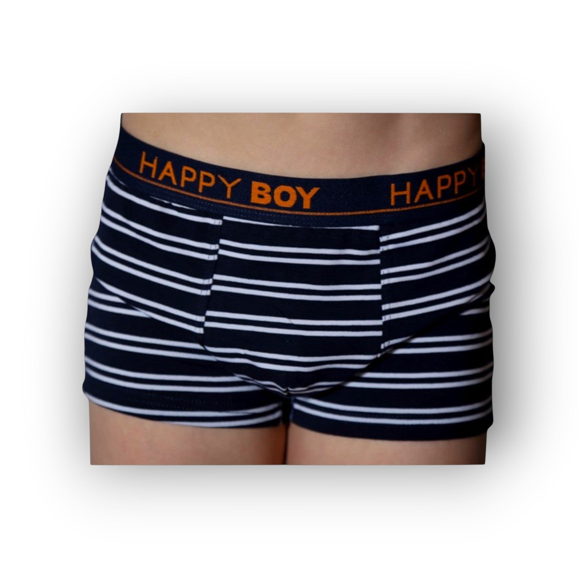 Horszi kék-fehér csíkos fiú boxer puha pamut anyagból, narancssárga HAPPY BOY feliratú gumírozott derékpánttal.