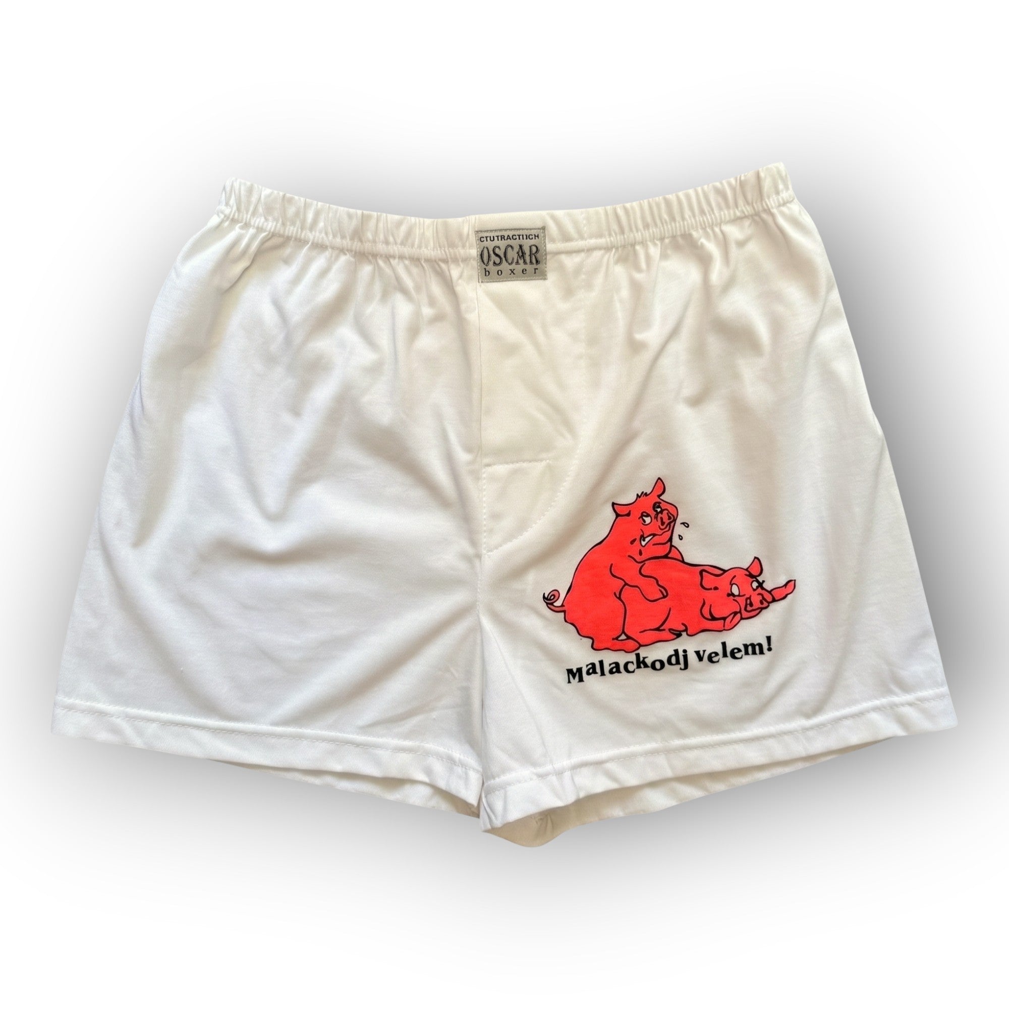 Horszi fehér pamut férfi boxer vicces malacos mintával és Malackodj velem felirattal