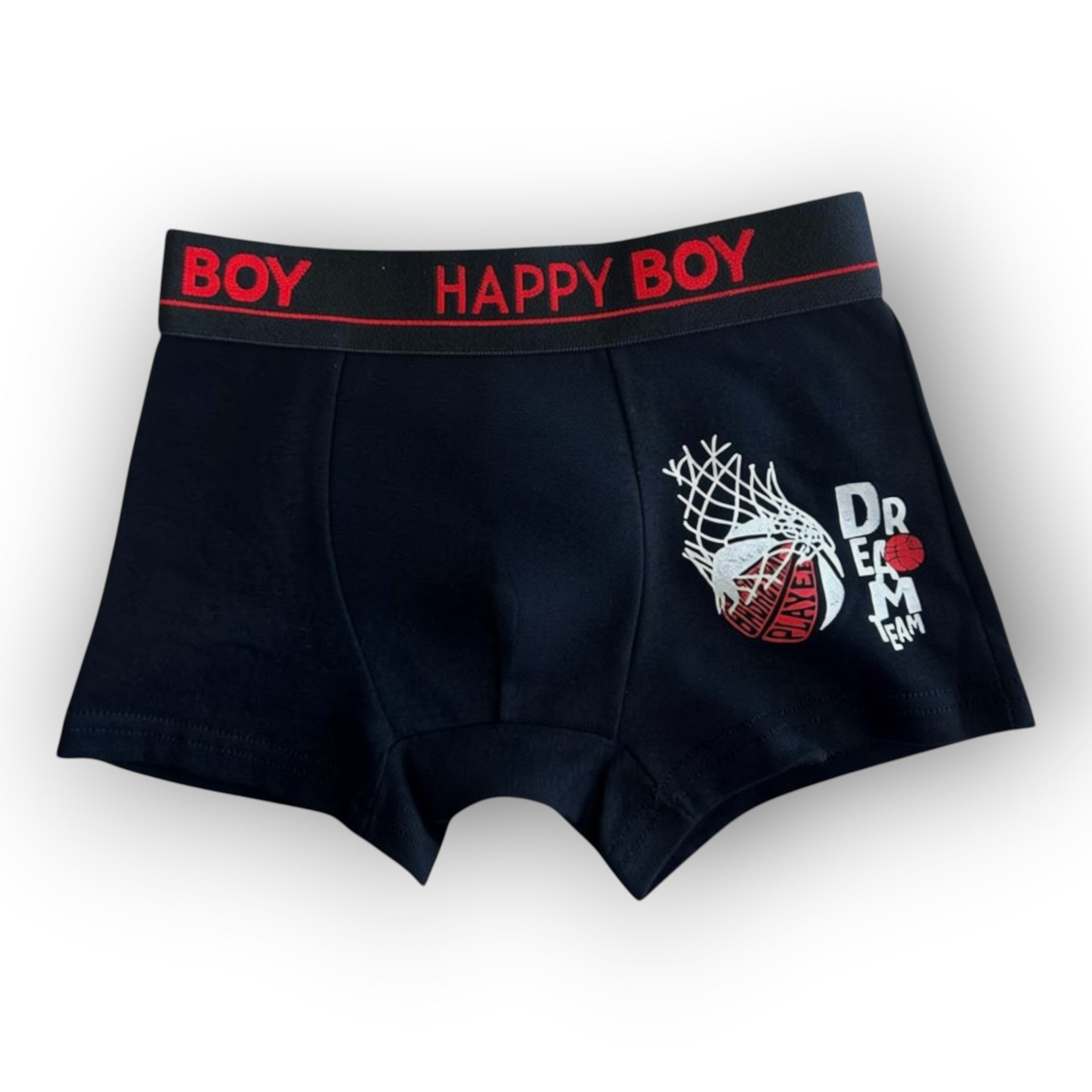 Horszi fekete kisfiú sztreccs boxer kosárlabda mintával és Happy Boy feliratú gumis derékpánttal