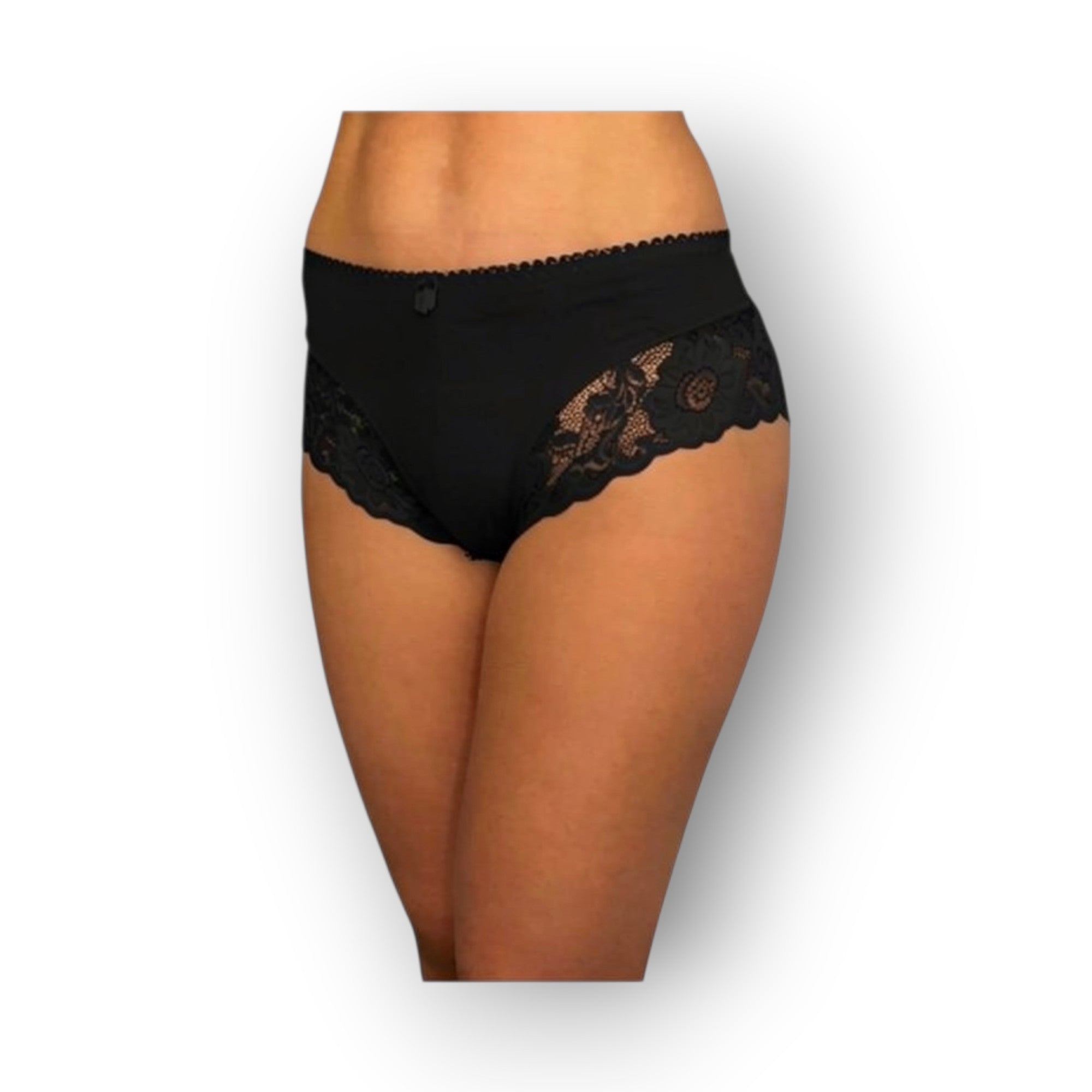 Horszi fekete női teli bugyi oldalt elegáns virágmintás csipkebetéttel, puha pamut és spandex anyagból.