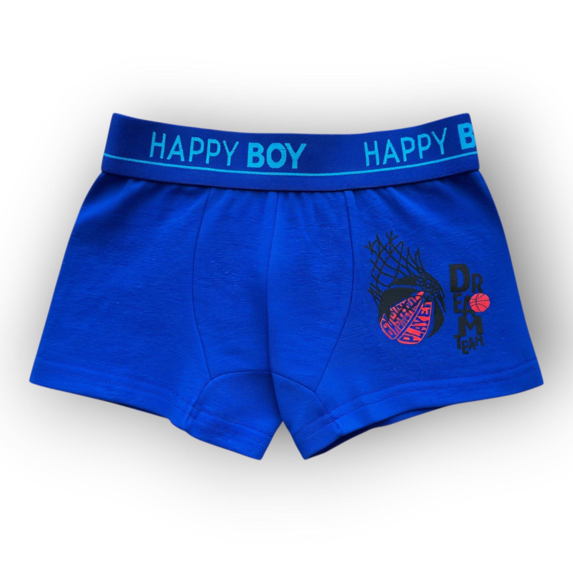 Horszi kék színű, pamut kisfiú boxer kosárlabdás mintával és gumírozott Happy Boy derékpánttal.