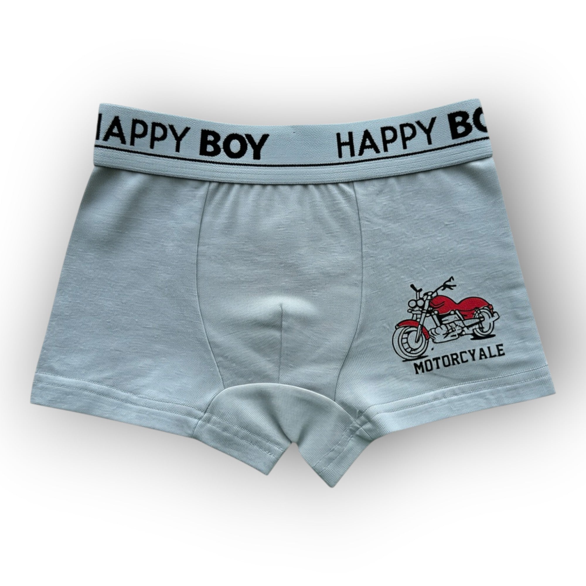Horszi világoskék kisfiú boxer motoros mintával és Happy Boy feliratú gumírozott derékrésszel.
