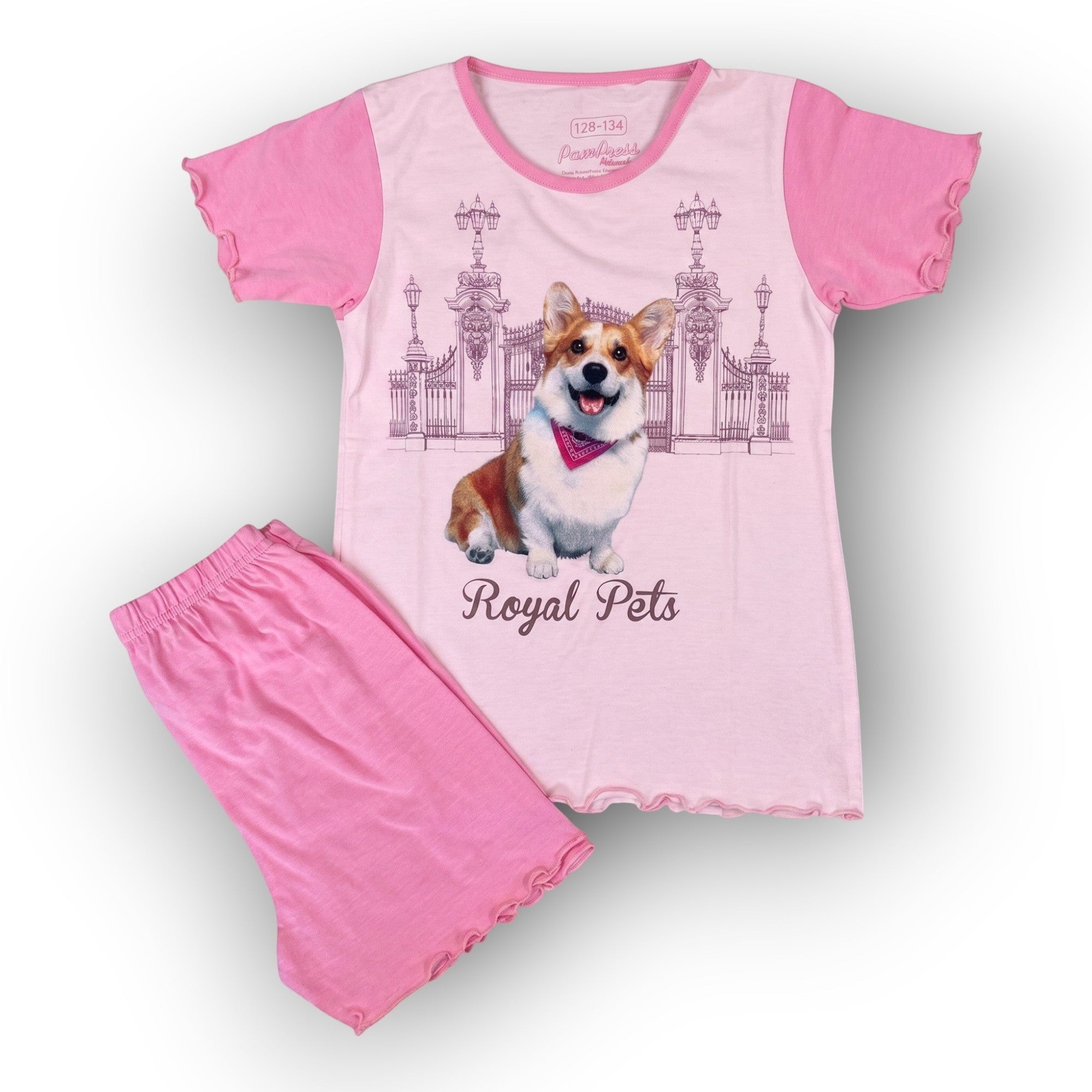 Horszi kislány rövid pizsama rózsaszín pamut anyagból, corgi kutyás Royal Pets mintával és fodros szegéllyel.