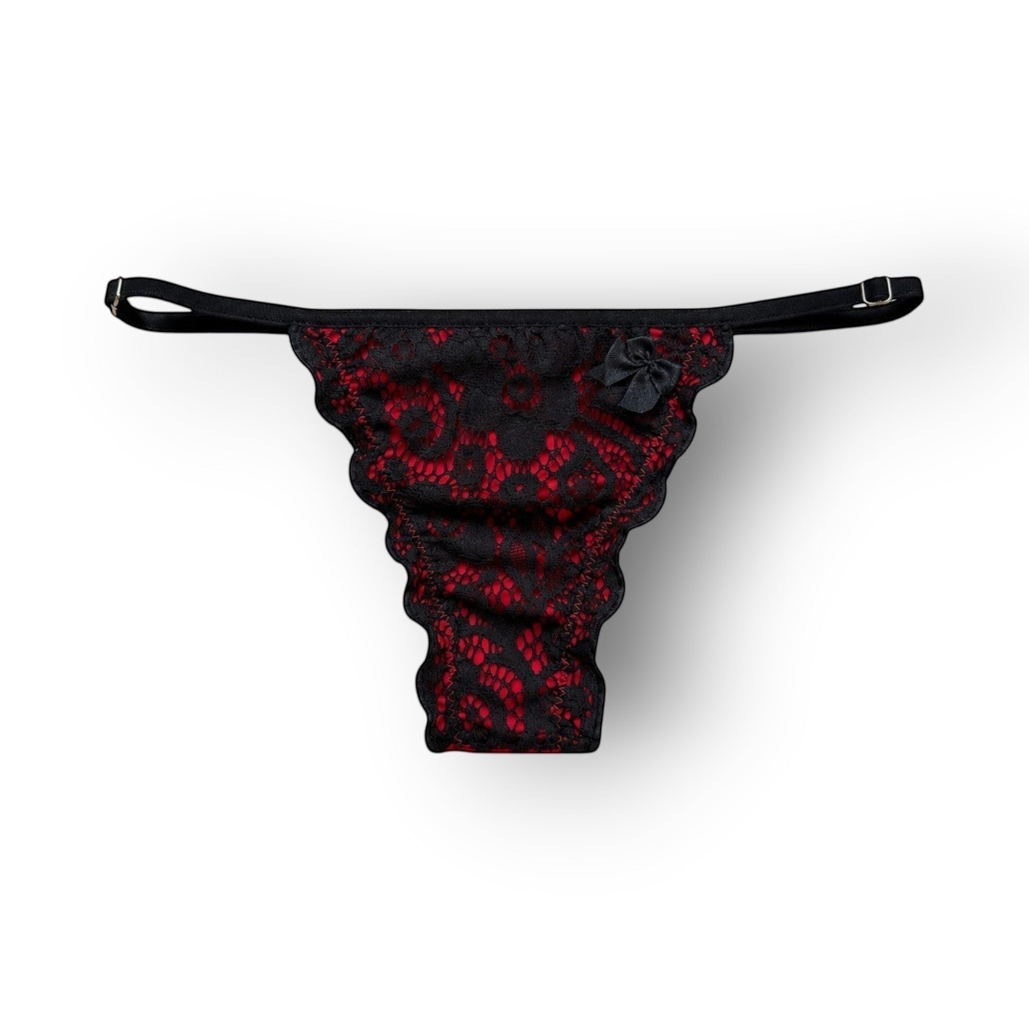 Horszi Lucifer Flower női tanga fekete csipkével és piros alappal, állítható pántokkal és masnis díszítéssel.