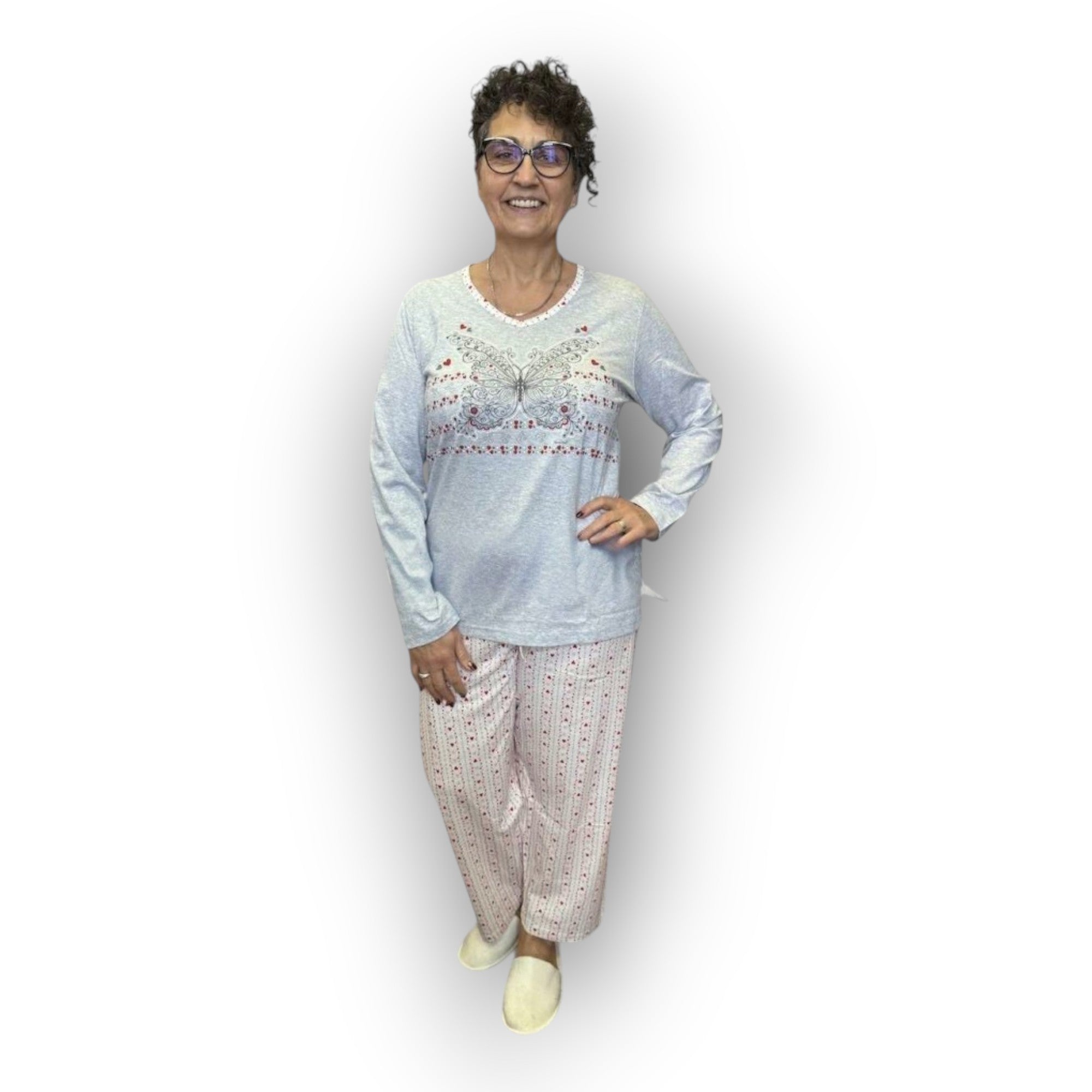Horszi női hosszú pizsama 1XL-2XL méretben, pillangós mintás felsővel és mintás nadrággal, 100% pamut anyagból.