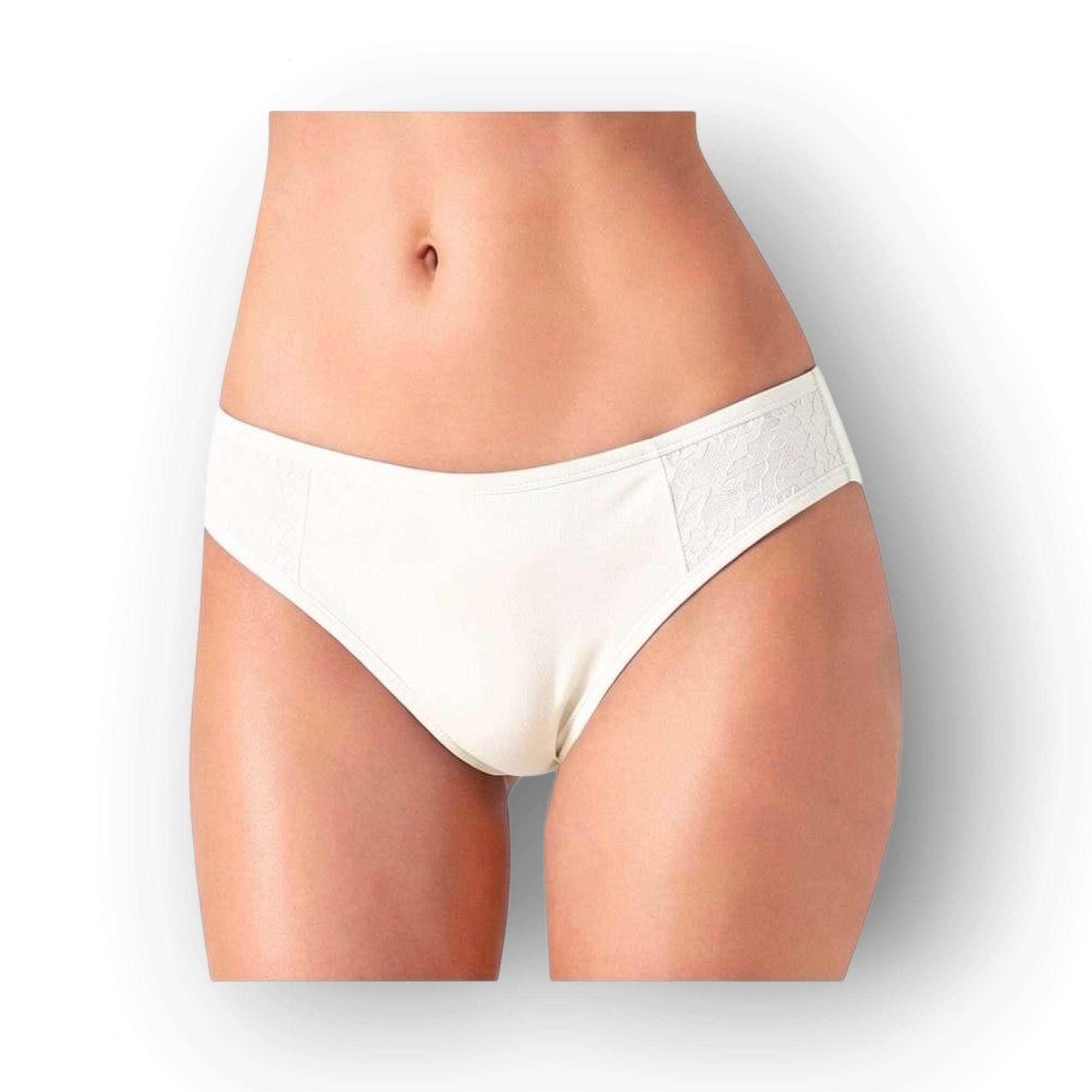 Horszi női pamut bugyi elegáns virágmintás csipkebetéttel, krémszínben, kényelmes teli fazonban.