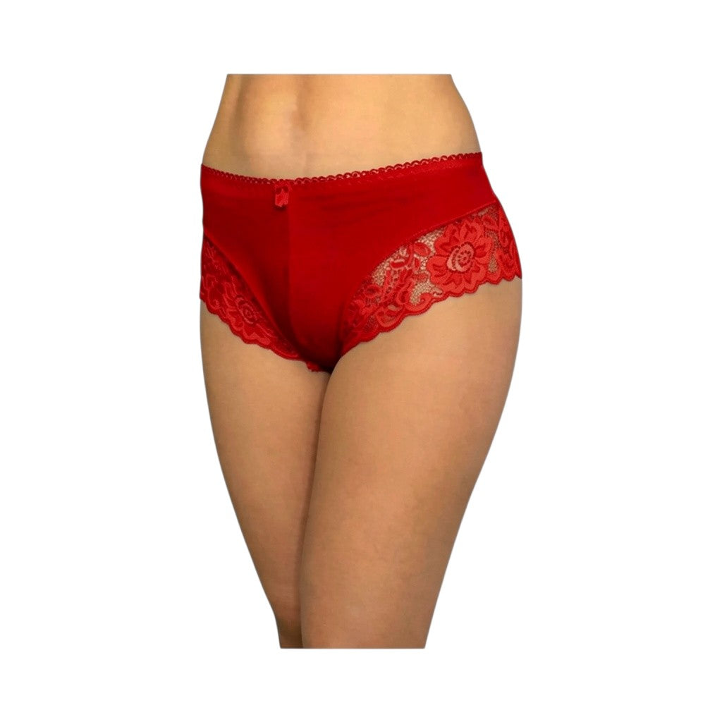 Horszi piros női teli bugyi elegáns virágmintás csipkebetétekkel az oldalán, puha pamut és spandex anyagból.