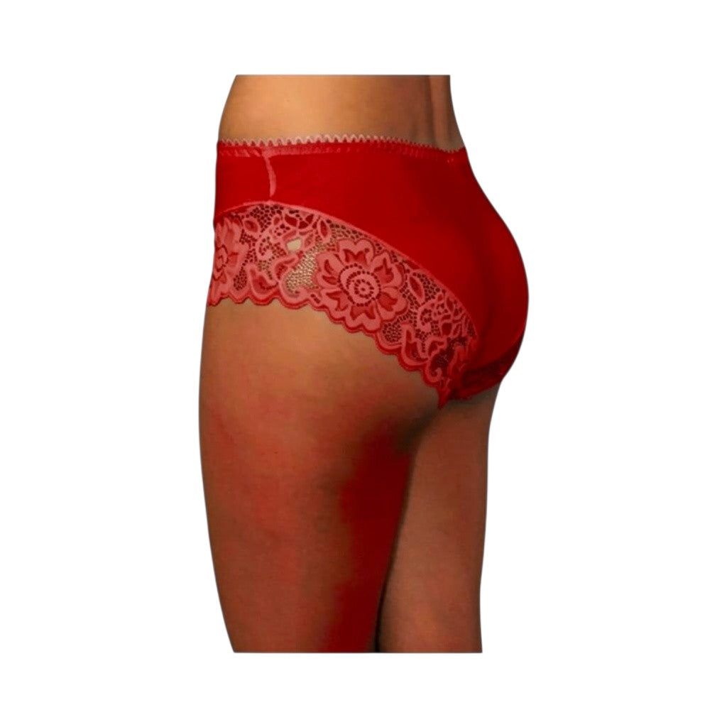 Horszi piros női teli bugyi oldalt elegáns virágmintás csipkebetéttel, puha pamut és spandex anyagból.