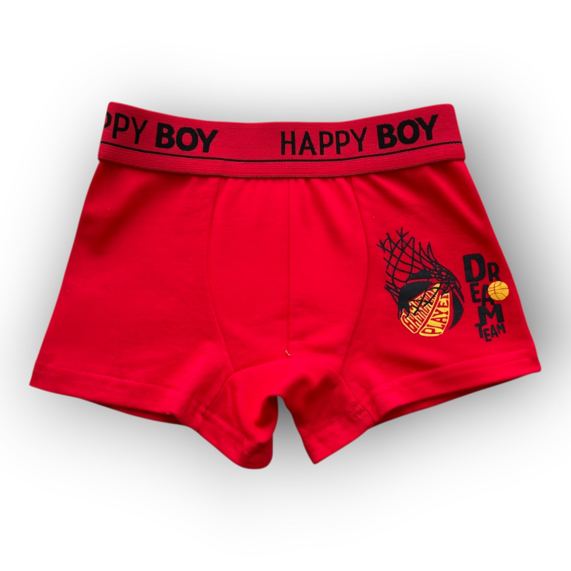 Horszi piros színű, pamut kisfiú boxer Happy Boy feliratú gumírozott derékrésszel és kosárlabdás mintával.