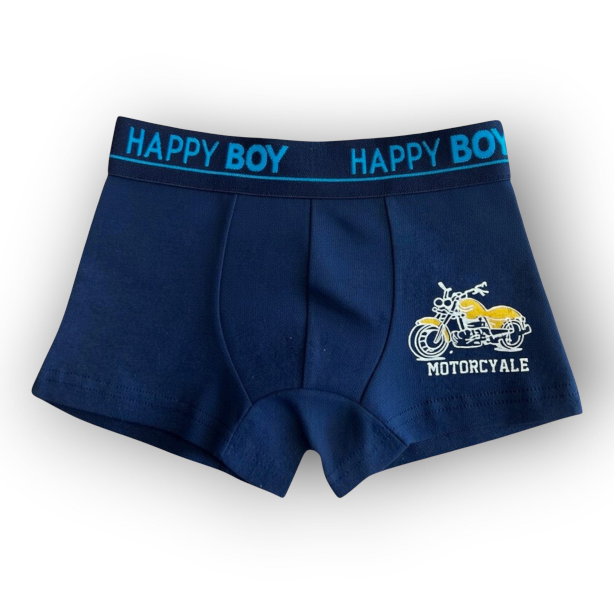 Horszi sötétkék kisfiú sztreccs boxer motoros mintával és Happy Boy feliratú gumis derékrésszel