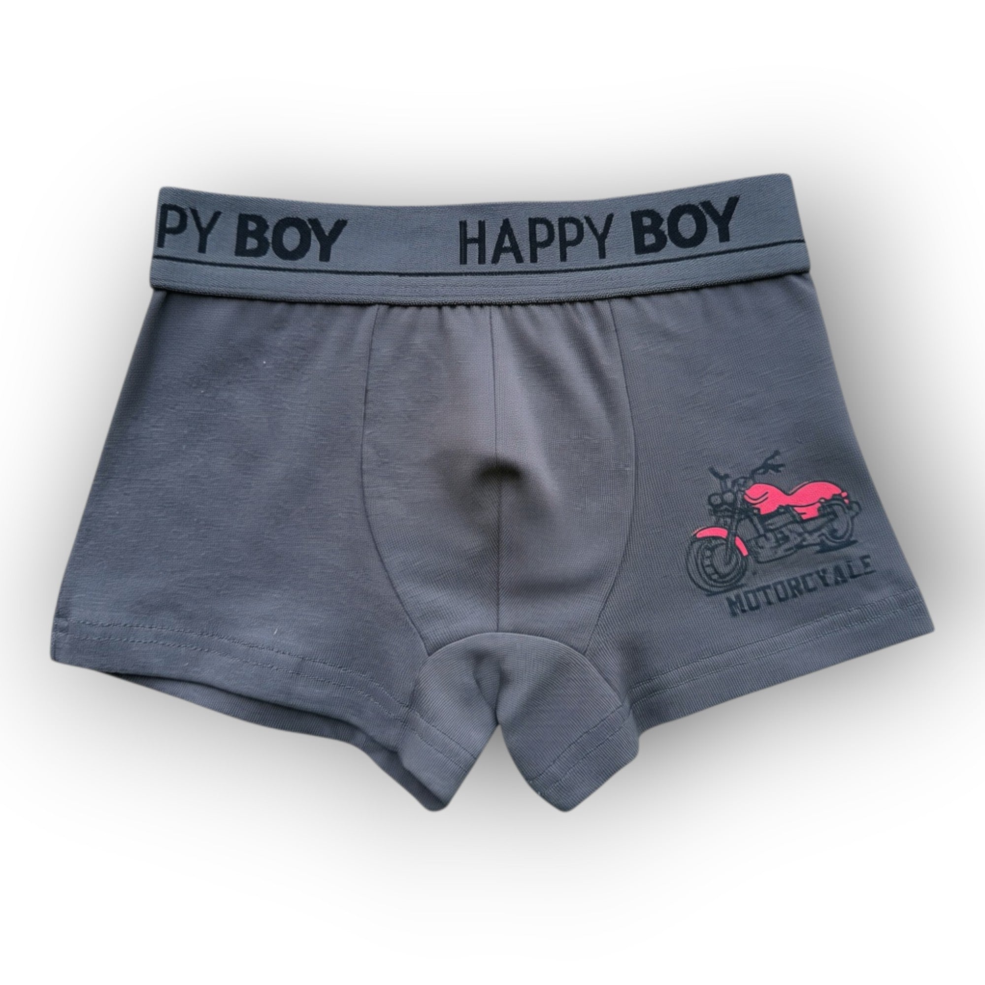 Horszi szürke pamut kisfiú boxer motoros mintával és Happy Boy feliratú gumírozott derékrésszel