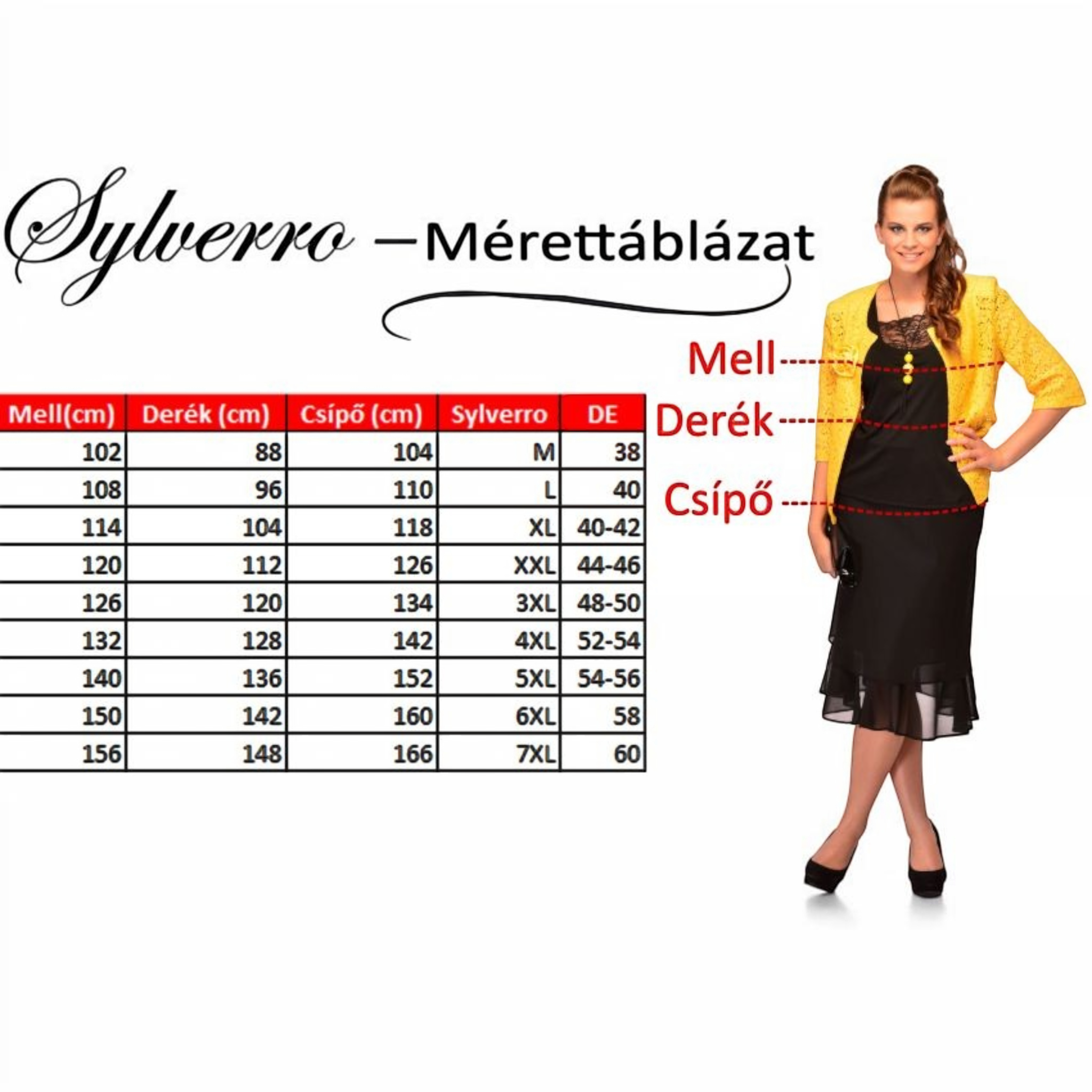 Horszi SYLVERRO női tunika mérettáblázattal, sárga csipke kardigánnal és fekete ruhával, elegáns hétköznapi viselet.